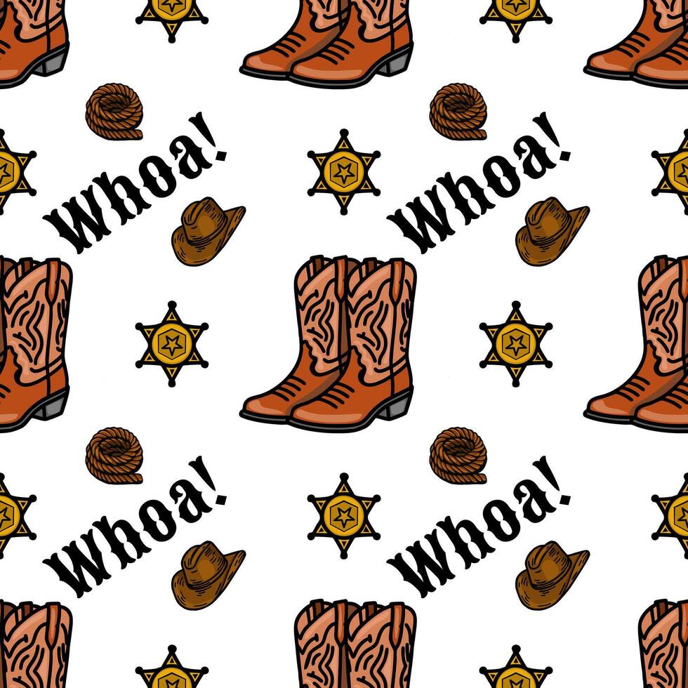 A playful pattern featuring cowboy boots, sheriff badges, cowboy hats, and yarn balls, with the word Whoa in a fun font. The design is colorful and whimsical, a westernthemed vector