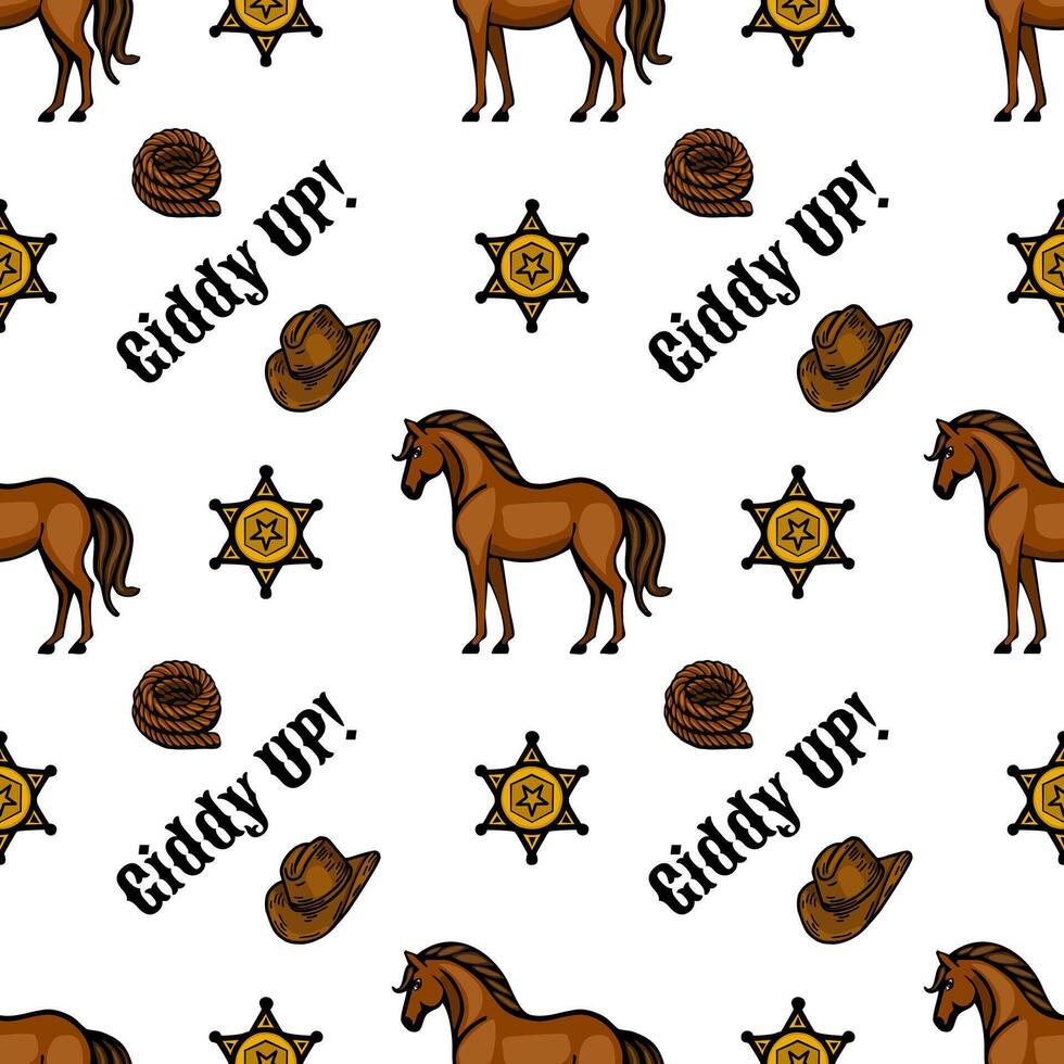 layful pattern featuring brown horses, cowboy hats, sheriff stars, and the phrase Giddy Up on a white backgroA pund. Ideal for westernthemed designs. vector