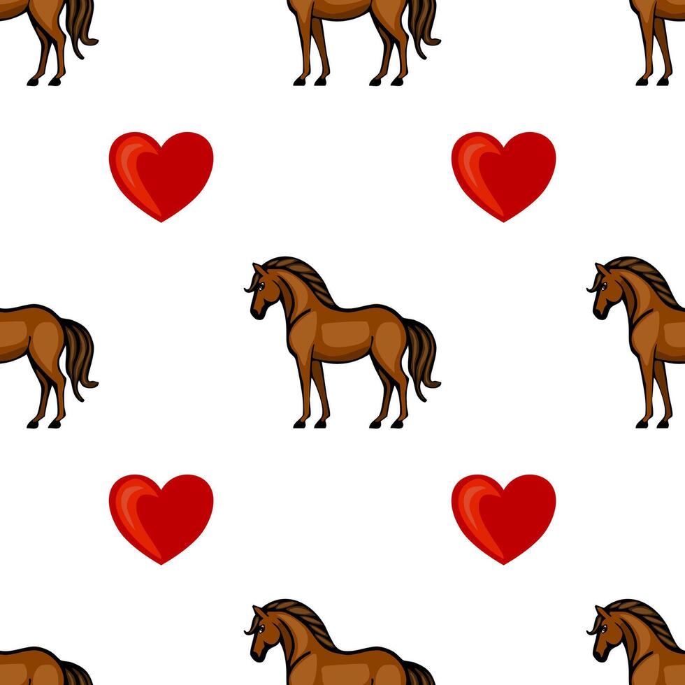 A playful pattern featuring brown horses and red hearts on a white background, ideal for childrens designs or romantic themes. vector