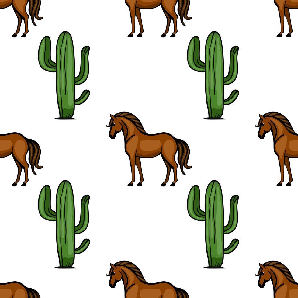 A playful pattern featuring cartoonstyle brown horses and green cacti on a white background. The design is whimsical and suitable for childrens decor or fabric. vector