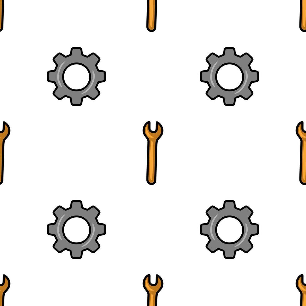 Seamless pattern featuring repeating grey gears and orange wrenches, a simple yet effective design for industrial or mechanical contexts. vector