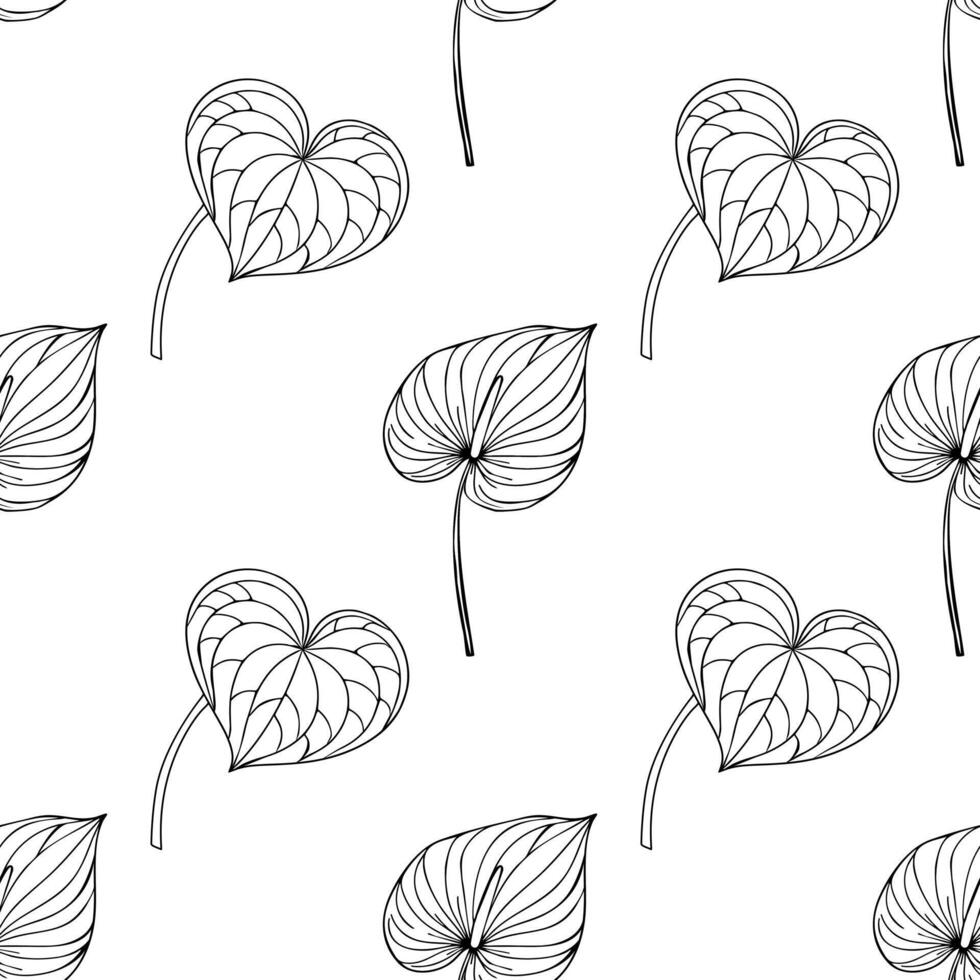 Seamless pattern of stylized Anthurium leaves in black and white, featuring a mix of heart-shaped and elongated leaf forms for elegant design applications. vector
