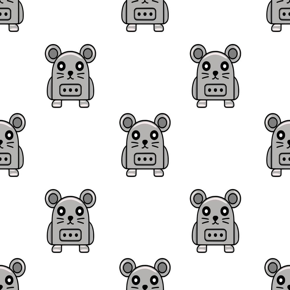 Seamless pattern featuring adorable grey mouse-shaped robots with big eyes and small feet, perfect for kids designs or technology-themed projects. vector