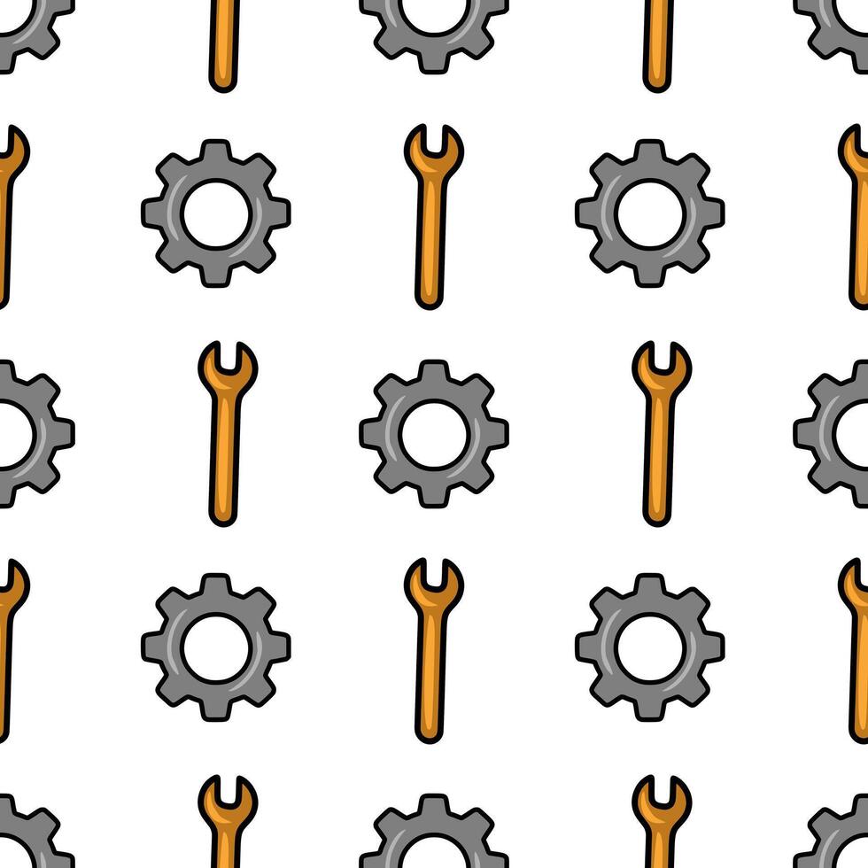 Seamless pattern with cartoon style wrenches and gears, perfect for industrial design or mechanical projects, featuring a playful orange and grey color palette. vector