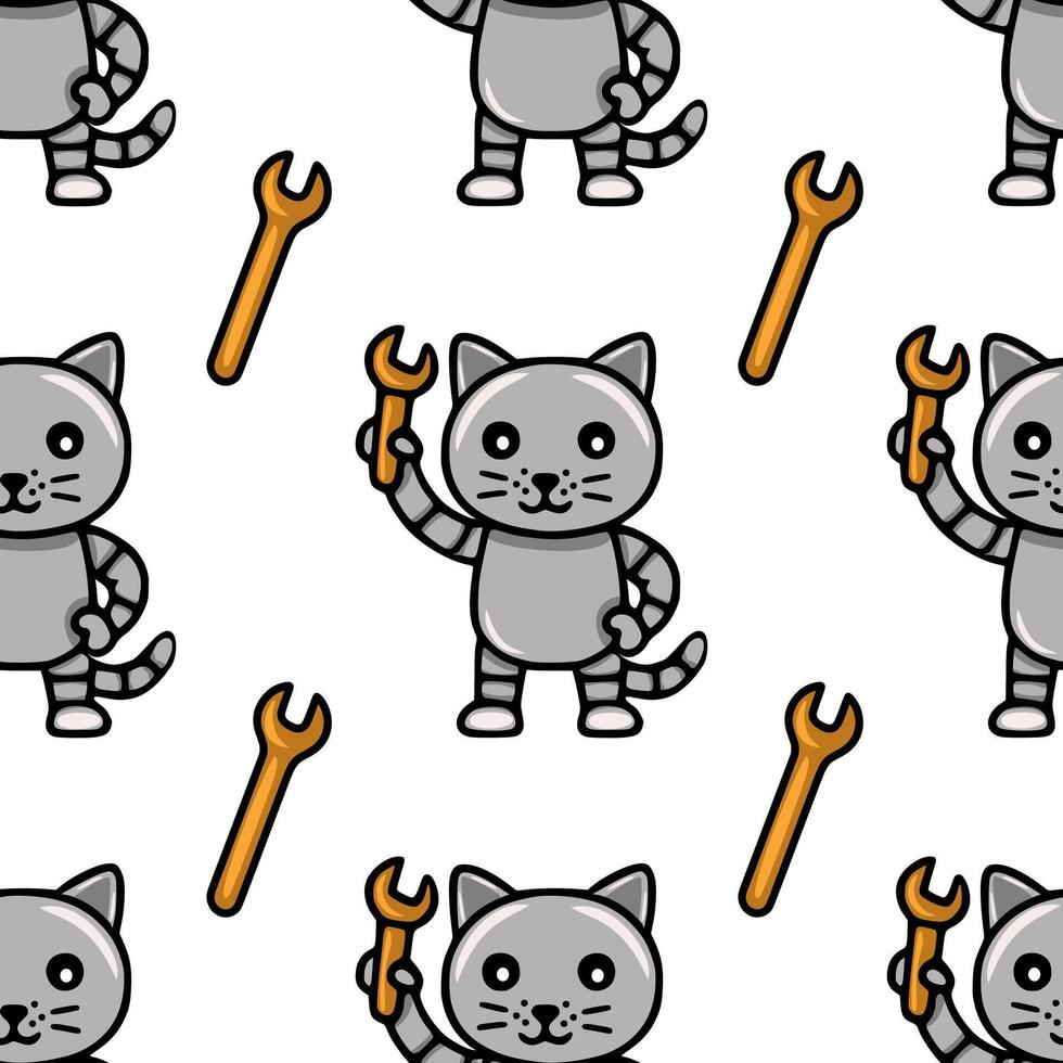 Seamless pattern featuring cute robotic cats holding wrenches, a playful design in grayscale and orange, perfect for kids products or tech-themed projects. vector