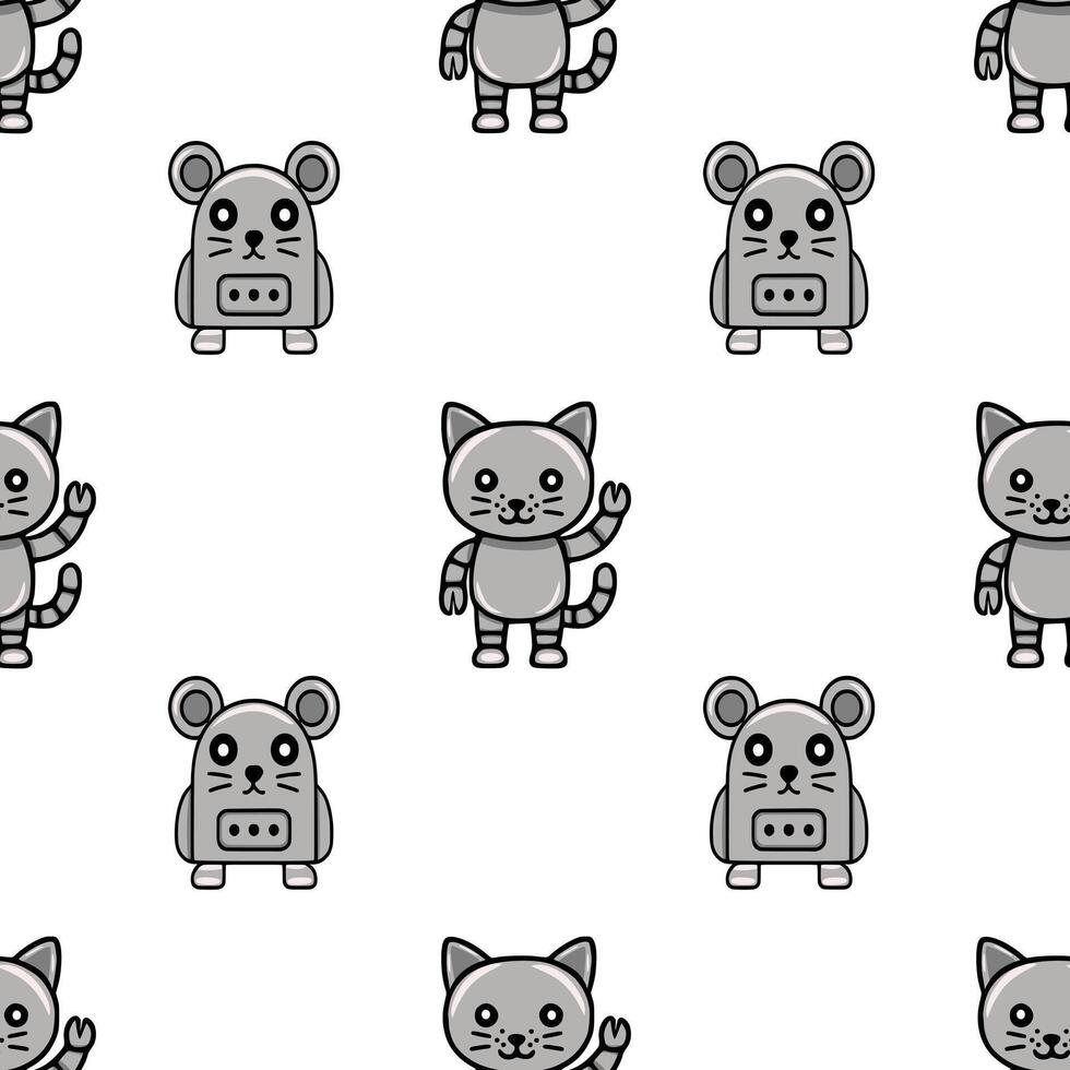 Seamless pattern featuring adorable robotic cat and mouse characters in grayscale, perfect for kids textile, wallpaper, or playful branding. vector