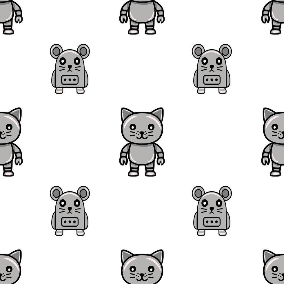 Seamless pattern featuring adorable robot animals cats and mice in grayscale, perfect for kids textile design or playful backgrounds. vector