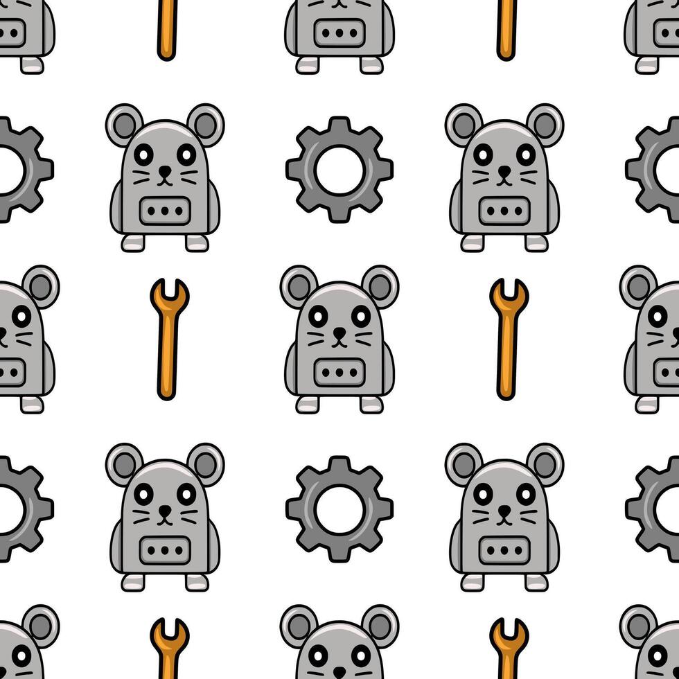 Seamless pattern featuring cute grey mouse robots, gears, and wrenches, creating a playful and repetitive design ideal for kids products or tech-themed projects. vector
