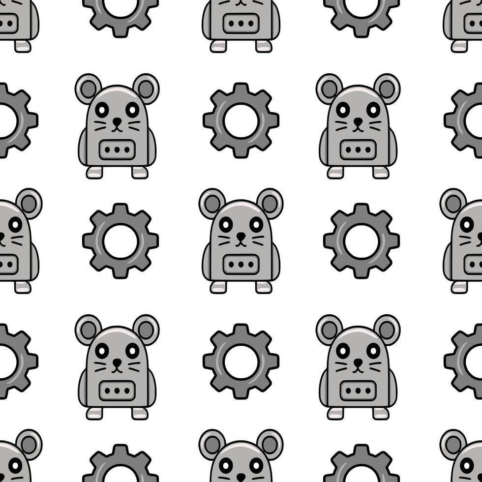 Seamless pattern featuring cute robotic mice and gear wheels, designed in grayscale for a playful yet technological aesthetic. vector