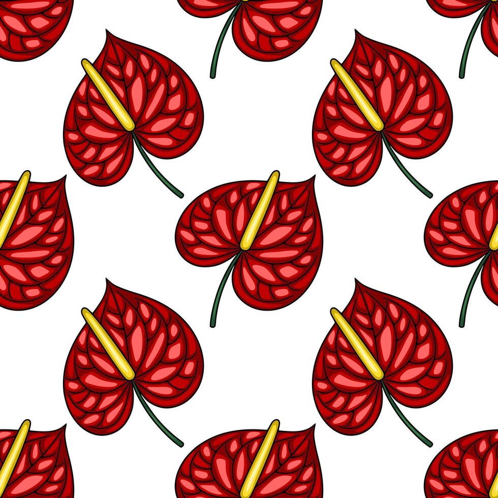 Seamless pattern with stylized red Anthurium flowers, featuring detailed petal texture and vibrant color contrast against a white background, ideal for textile prints and digital designs. vector
