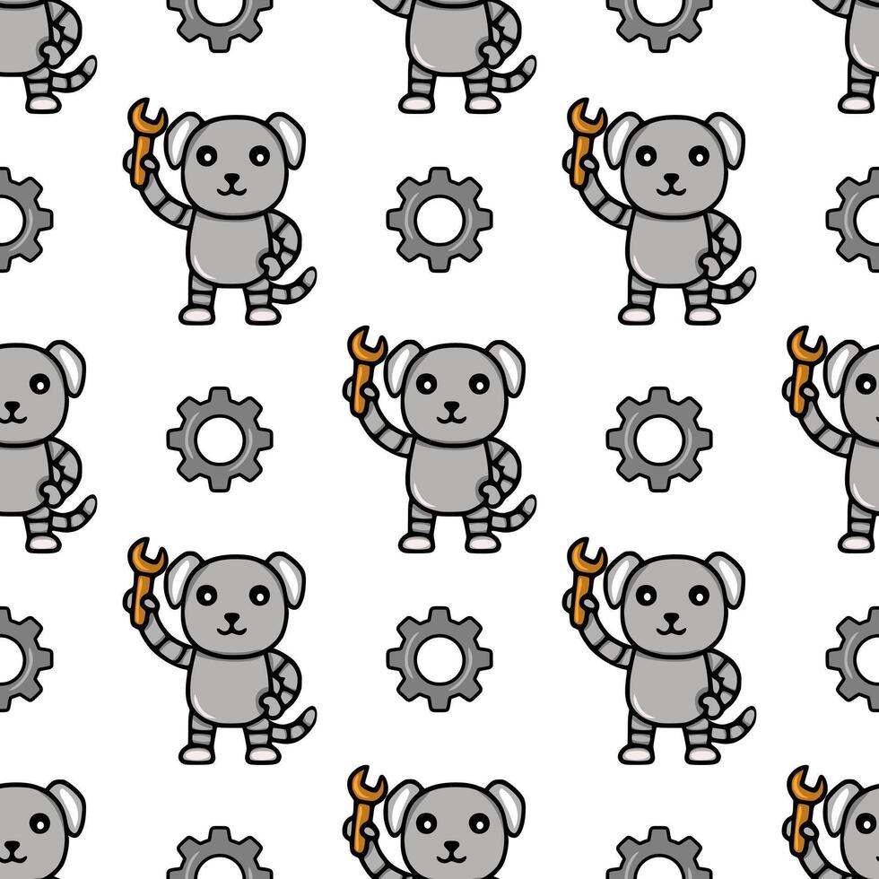 Seamless pattern featuring cute robotic dogs holding wrenches and gears, a playful design perfect for kids products or tech-themed projects. vector