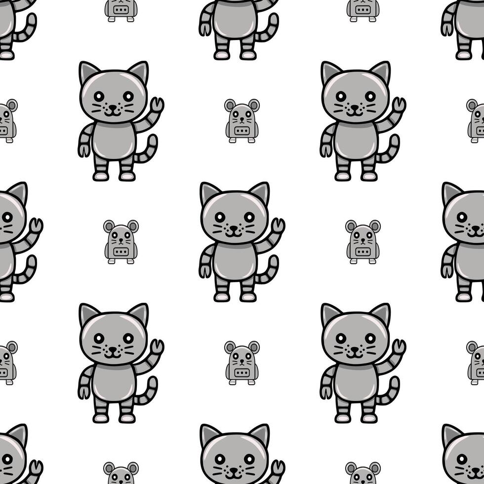 Seamless pattern featuring cute robotic cats and mice in grayscale, perfect for childrens products or playful designs. vector