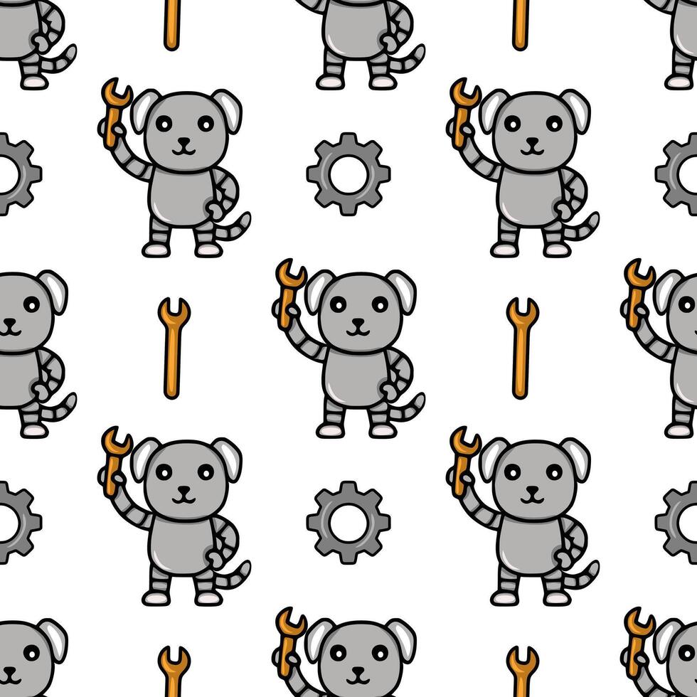 Seamless pattern featuring adorable grey robotic dogs holding wrenches, accompanied by gears, creating a playful and technological design ideal for kids products or tech-themed backgrounds. vector