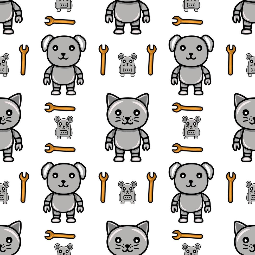 Seamless pattern featuring cute robotic animals dog, cat, mouse, and robot, with orange wrenches, creating a playful and technological design. vector