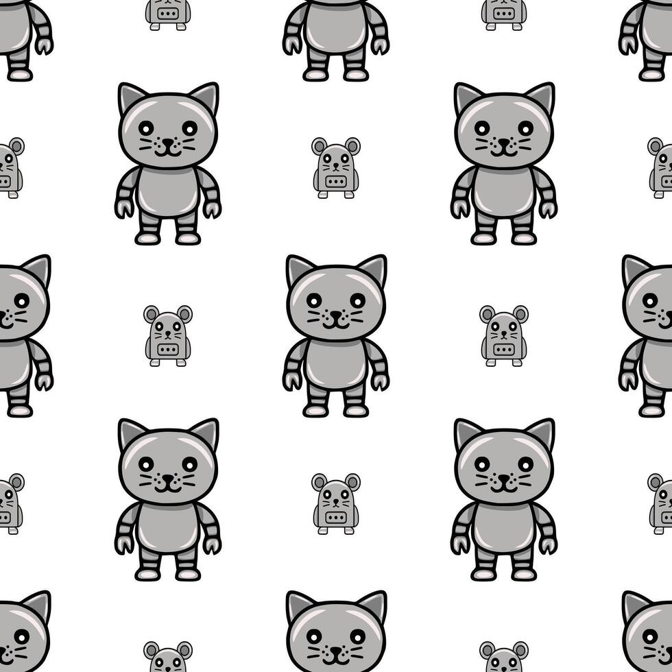 Seamless pattern featuring adorable robotic cats and mice in grayscale, ideal for kids products or playful backgrounds. vector