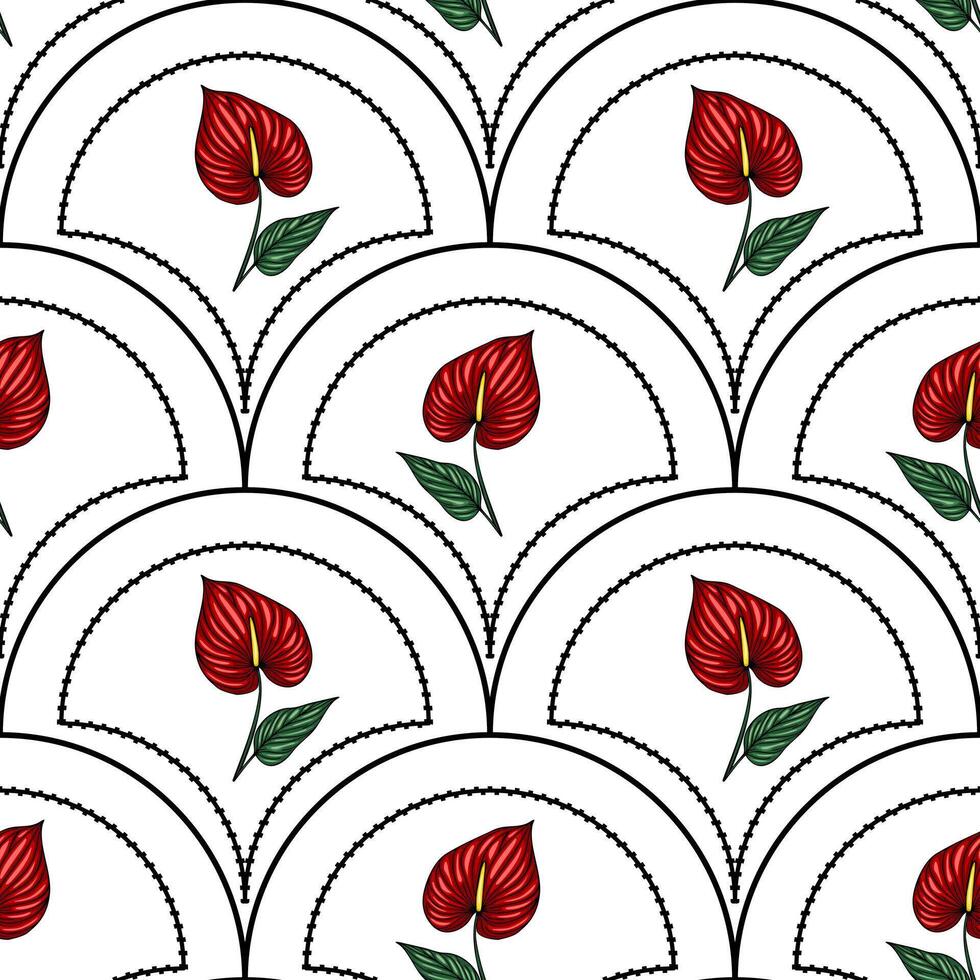 Seamless pattern with stylized Anthurium flowers in red and green, arranged within a repeating geometric design of black arched elements on a white background. vector