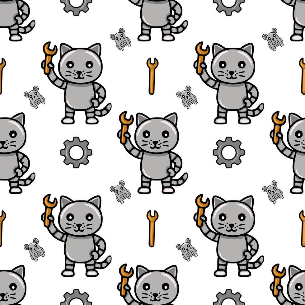 Seamless pattern featuring cute robotic cats holding wrenches, accompanied by tiny robot mice and gears, creating a playful and charming mechanical design. vector