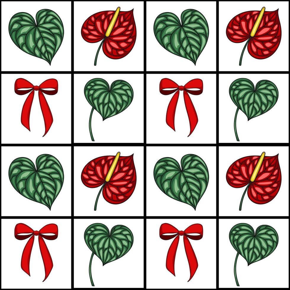 Seamless pattern featuring heart-shaped leaves, vibrant red Anthurium flowers, and festive red bows, creating a cheerful and stylish design. vector