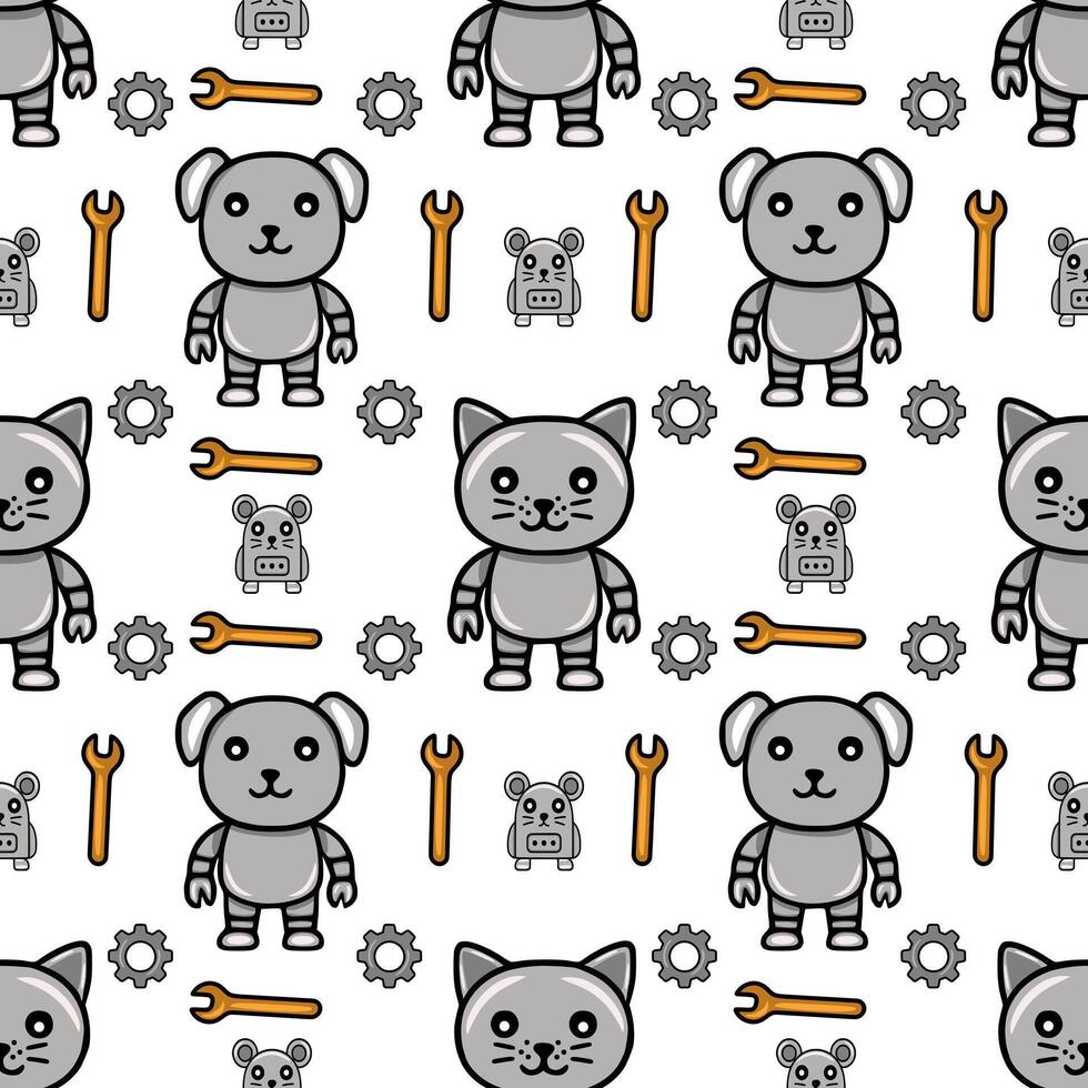Seamless pattern featuring cute robotic animals cat, dog, and mouse alongside wrenches and gears, creating a playful, mechanical aesthetic. vector