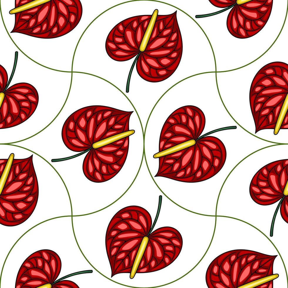 Seamless pattern of stylized Anthurium flowers with red petals and yellow spadix, arranged in a repeating heart-like shape against a white background, featuring curved green lines connecting... vector