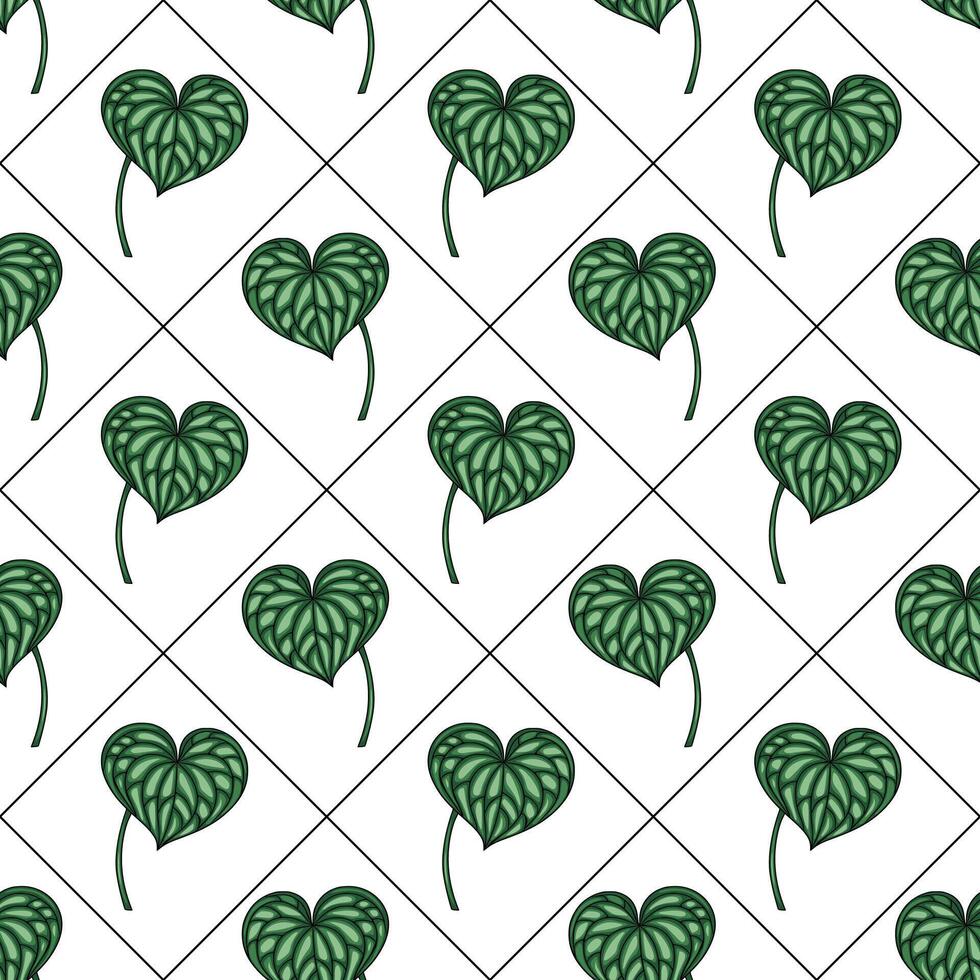 Seamless pattern of heart-shaped leaves in a diamond grid, featuring detailed vein textures and rich emerald green hues, ideal for textile prints, wrapping paper, and digital design projects. vector