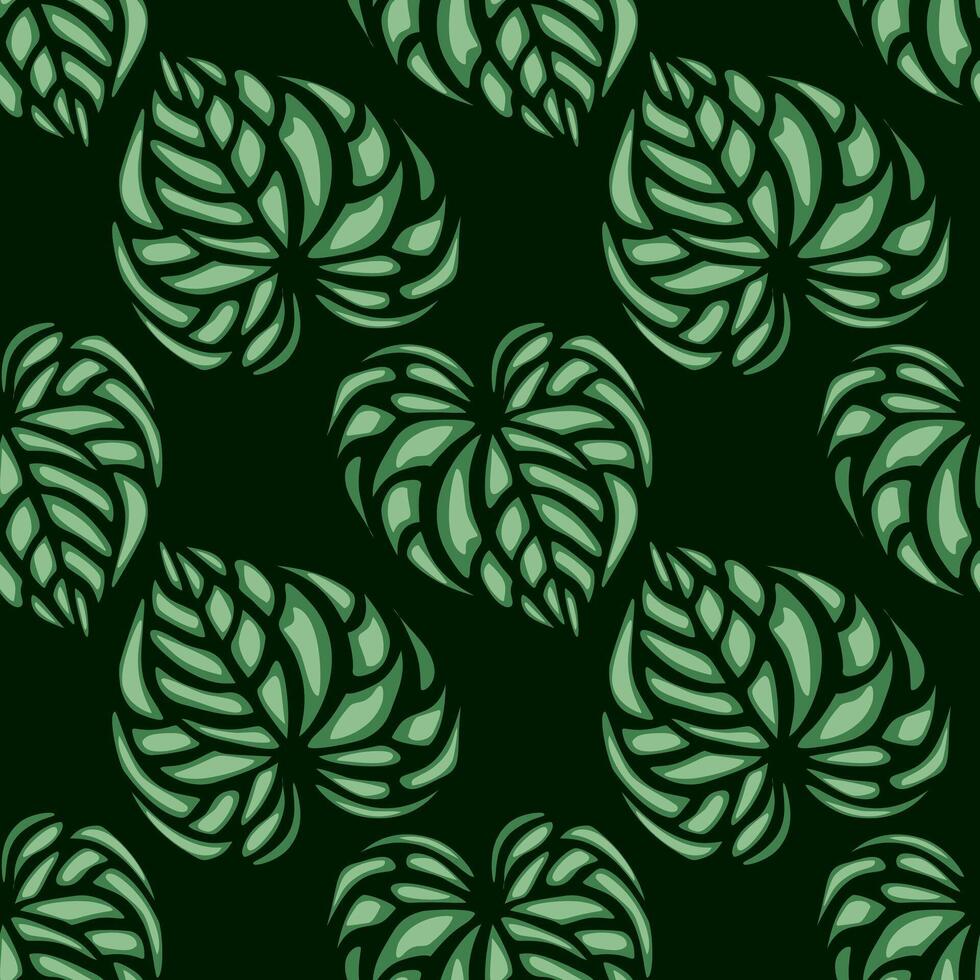 Seamless pattern with stylized green leaves on a dark background, creating a lush and exotic jungle feel. vector