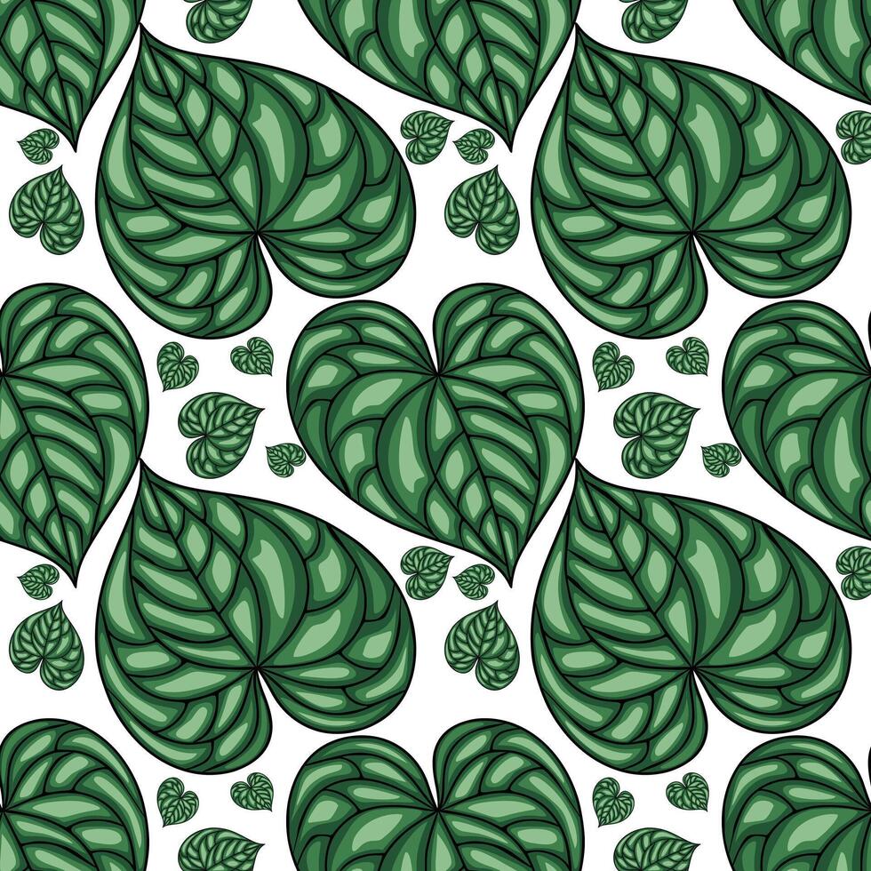 Seamless pattern of stylized green leaves in heart shapes, featuring a unique textured design with varying leaf sizes for a vibrant, nature-inspired aesthetic. vector