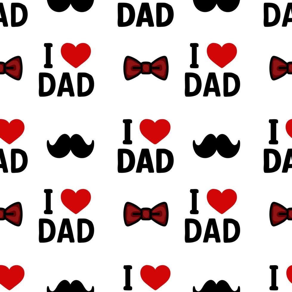 A repeating pattern featuring the text I Love Dad along with red hearts, mustaches, and bow ties on a white background. Ideal for Fathers Day or dad-themed designs. vector