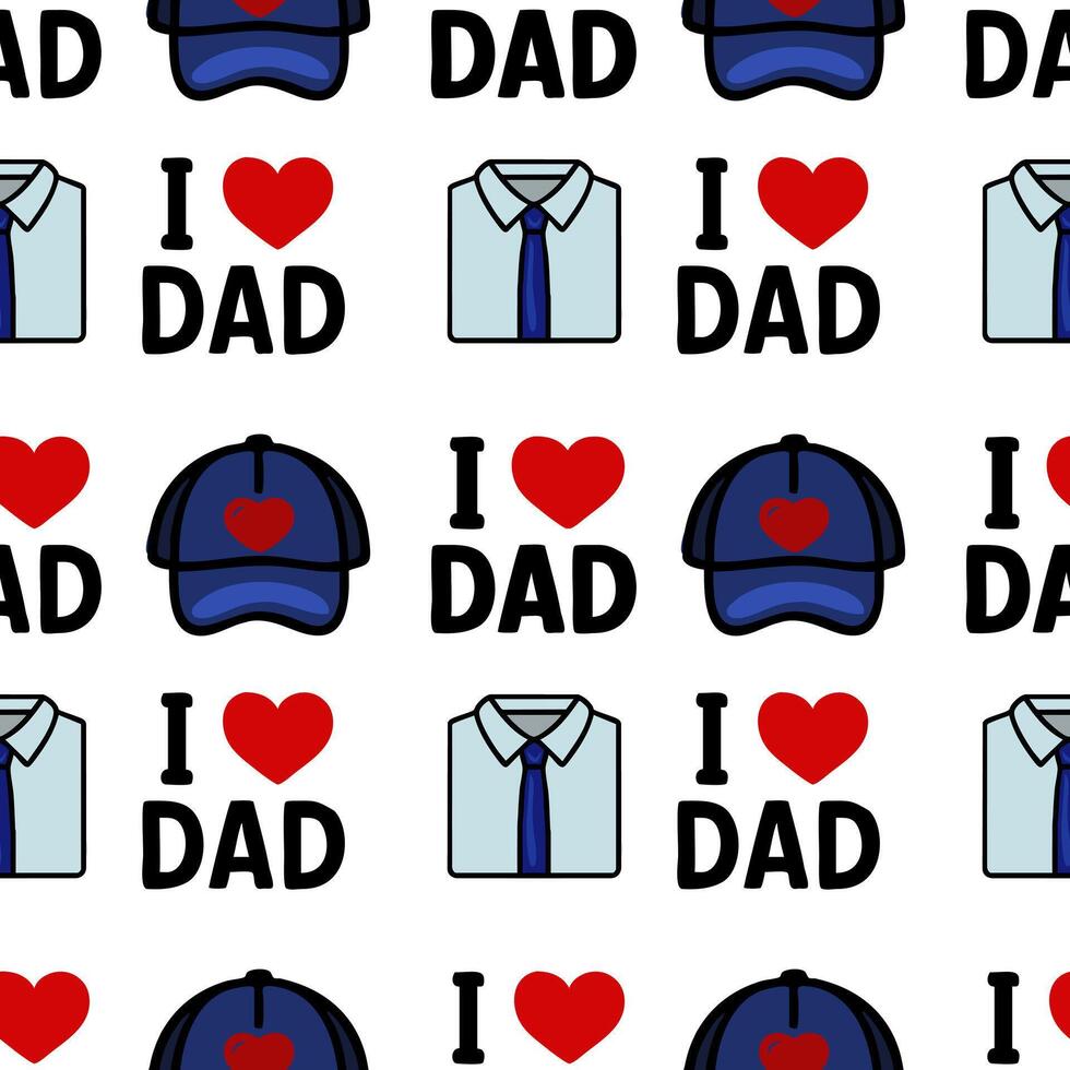 A repeating pattern featuring blue caps, shirts with ties, and the phrase I love Dad in a playful, colorful design. Ideal for Fathers Day or dad-themed products. vector