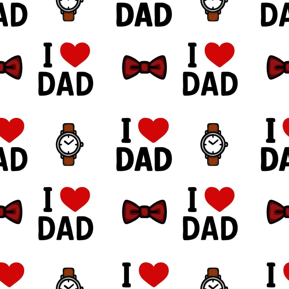 A playful pattern featuring the phrase I love Dad in bold letters, red hearts, bow ties, and watches, all set against a white background. Perfect for Fathers Day themes. vector