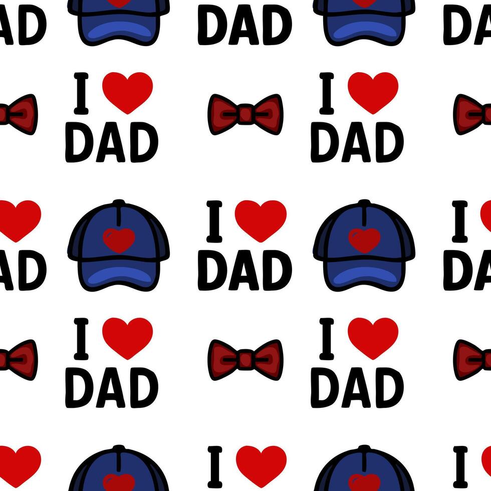 A repeating pattern featuring blue caps, red bow ties, and the text I love Dad in black. The design is playful and suitable for Fathers Day themes. vector