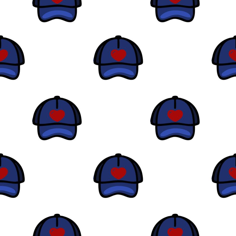 A repeating pattern of blue baseball caps with red heart symbols on the front, set against a white background. The design is playful and suitable for textiles or wallpapers. vector