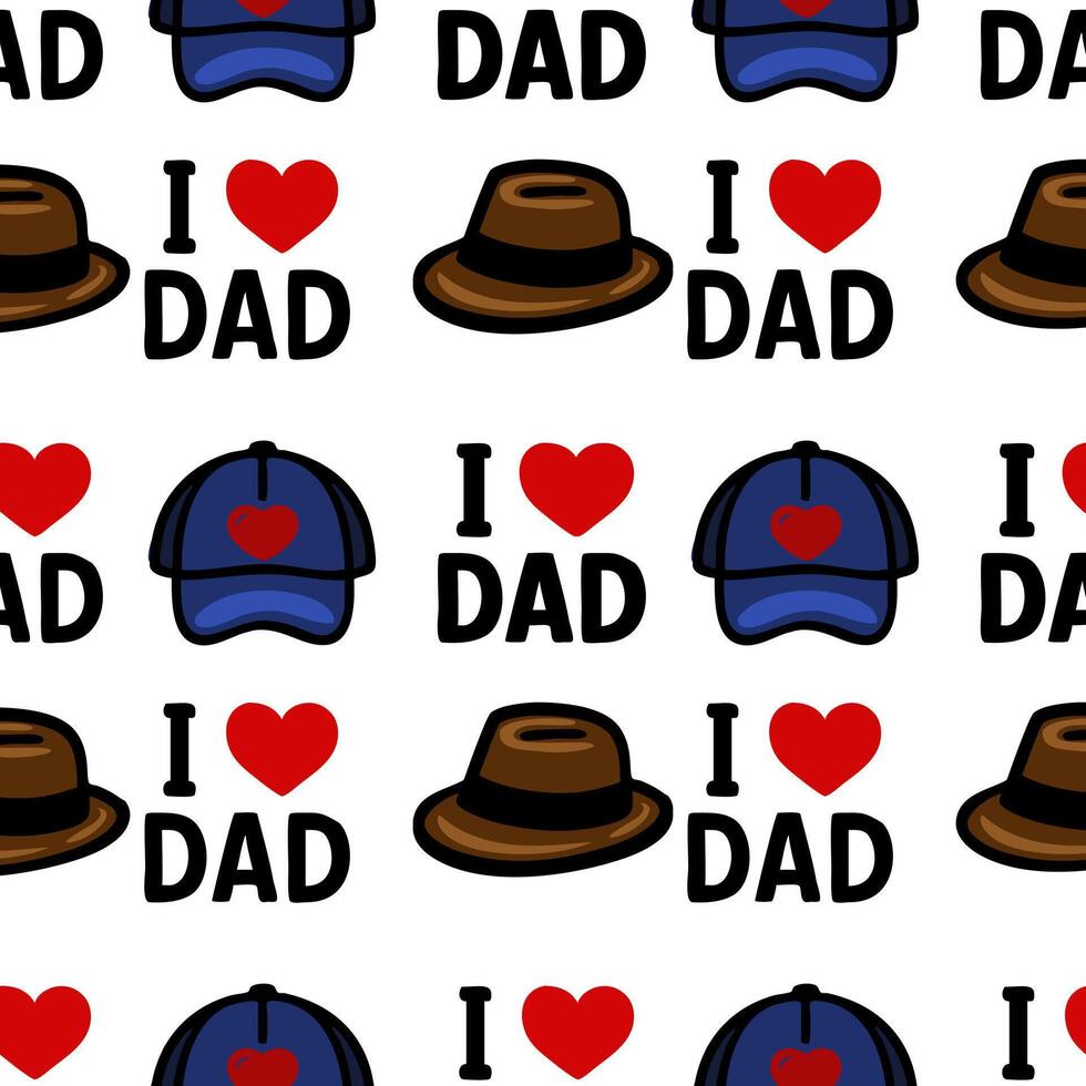 A repeating pattern featuring blue caps and brown hats with the text I LOVE DAD in a playful design. The background is white, creating a cheerful and festive atmosphere. vector