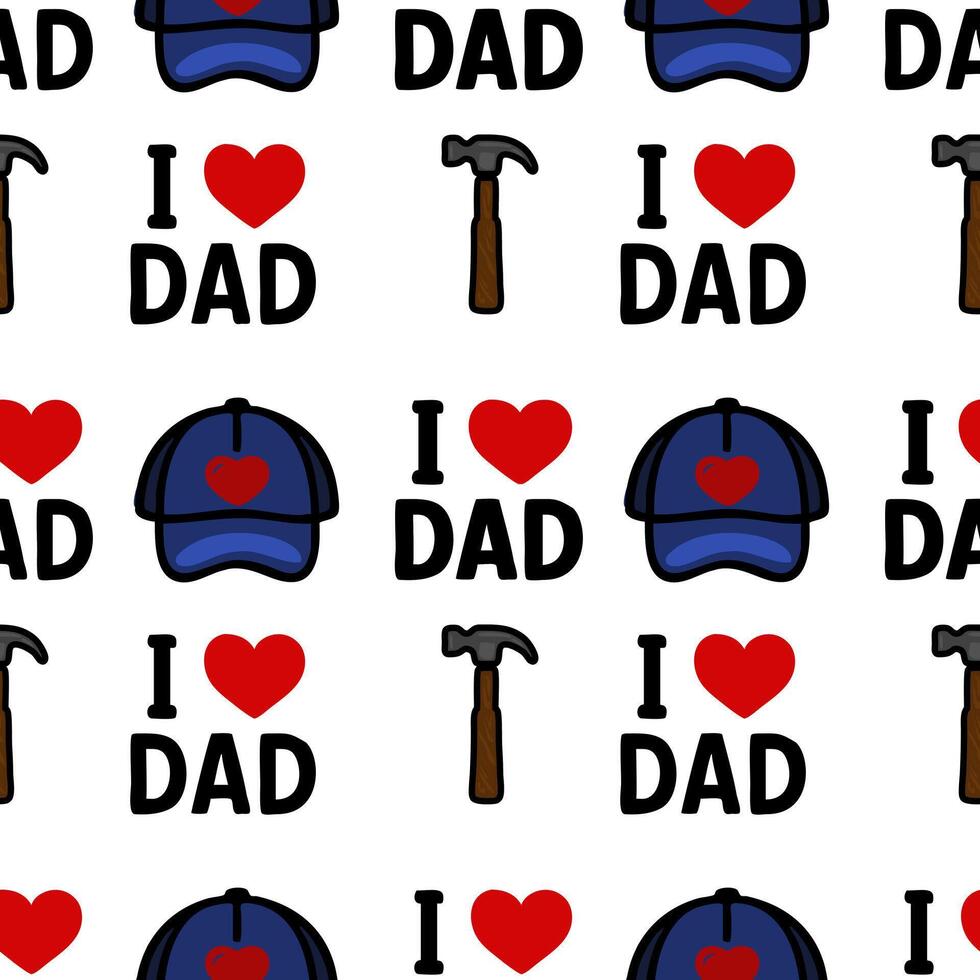 A repeating pattern featuring blue baseball caps, hammers, and the phrase I love Dad in red and black. Ideal for Fathers Day designs or gifts. vector