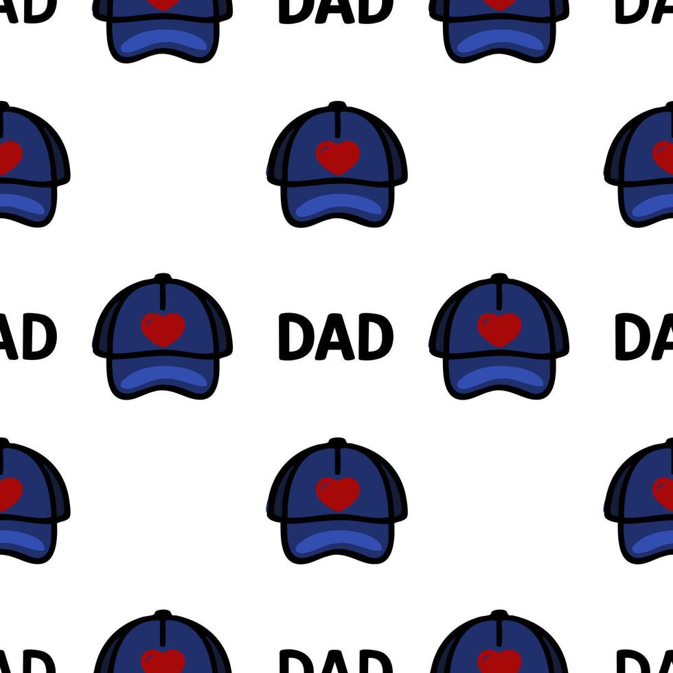 A repeating pattern featuring blue baseball caps with a red heart design and the word DAD in bold black letters. Ideal for Fathers Day or family-themed designs. vector