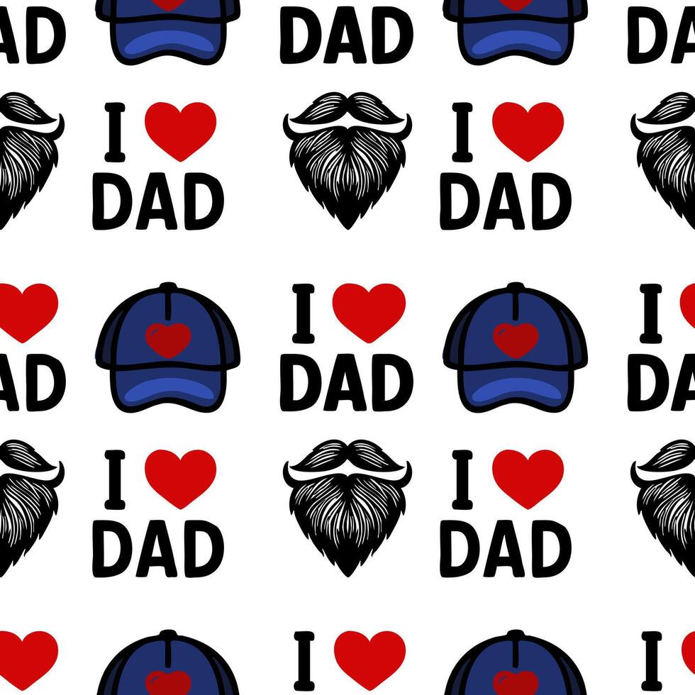 A seamless pattern featuring blue caps, bearded faces, and the phrase I love Dad in a playful design. Ideal for Fathers Day or dad-themed merchandise. vector