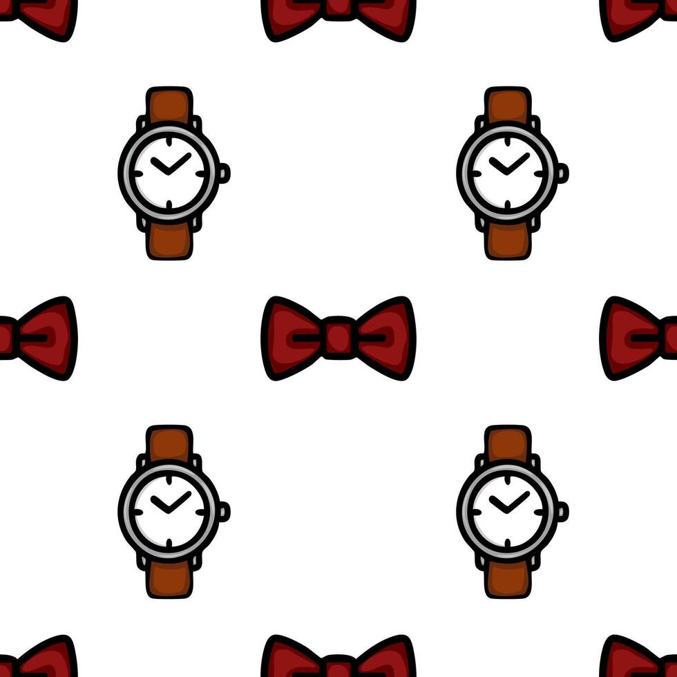 A seamless pattern featuring illustrated watches and bow ties on a white background. The watches have brown leather straps and simple dials, while the bow ties are in a vibrant red color. vector