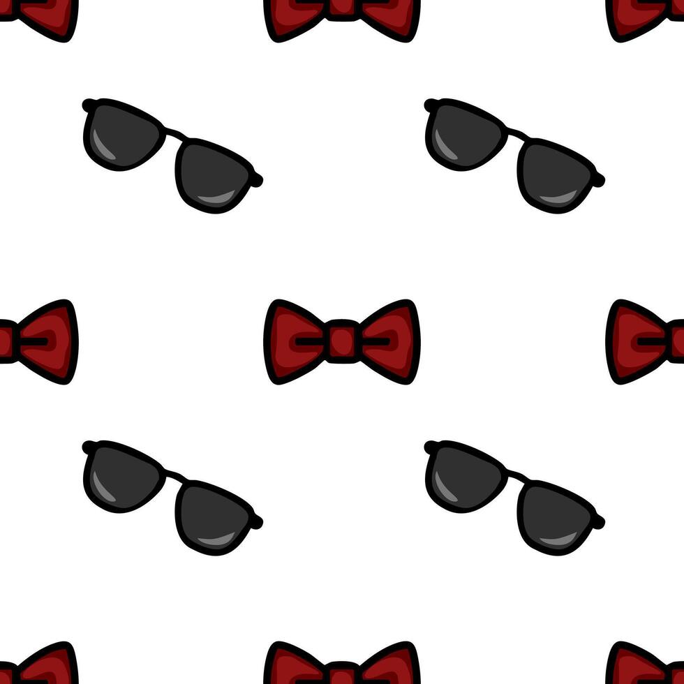 A repeating pattern featuring black sunglasses and red bow ties on a white background. The design is playful and fun, suitable for various festive or casual themes. vector