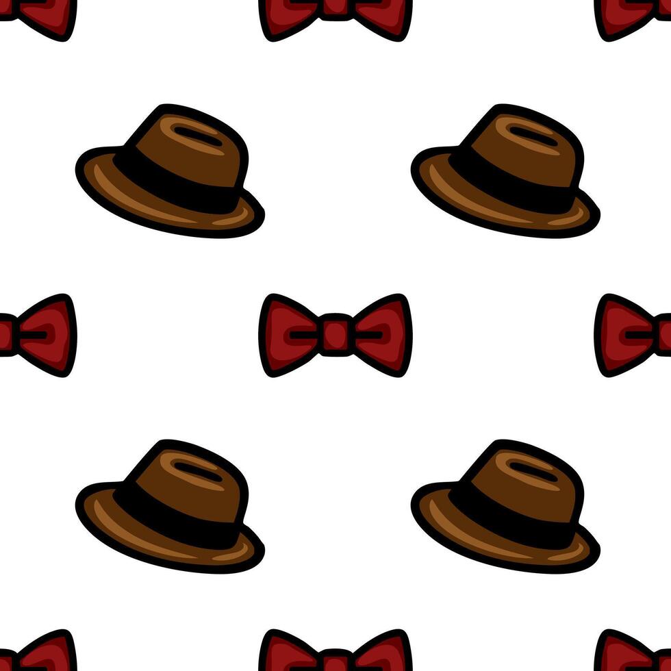A playful pattern featuring alternating illustrations of hats and bow ties on a white background. The hats are brown with a black band, while the bow ties are red. Ideal for fabric design vector
