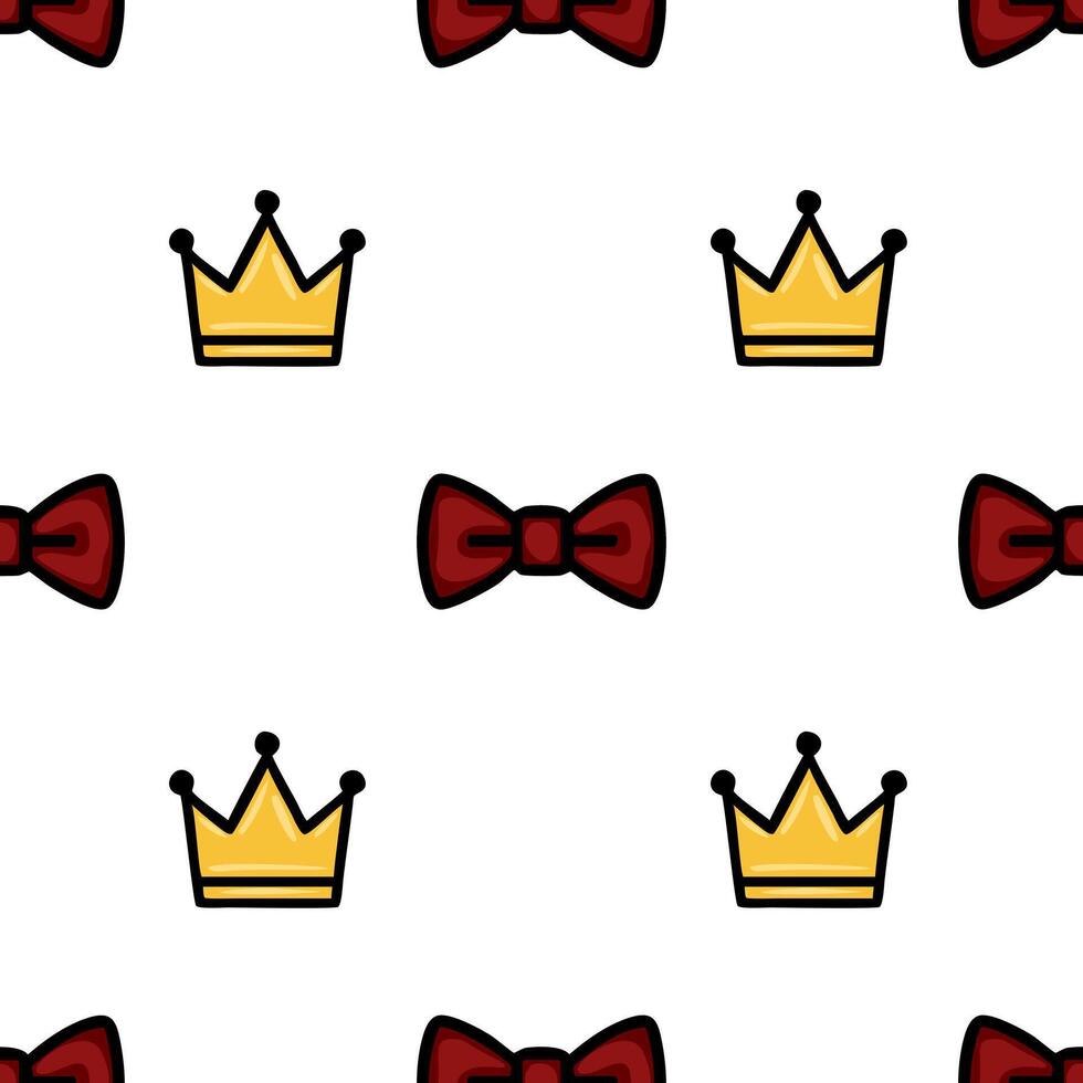 A repeating pattern featuring yellow crowns and red bow ties on a white background. The design is playful and whimsical, suitable for childrens themes or festive occasions. vector