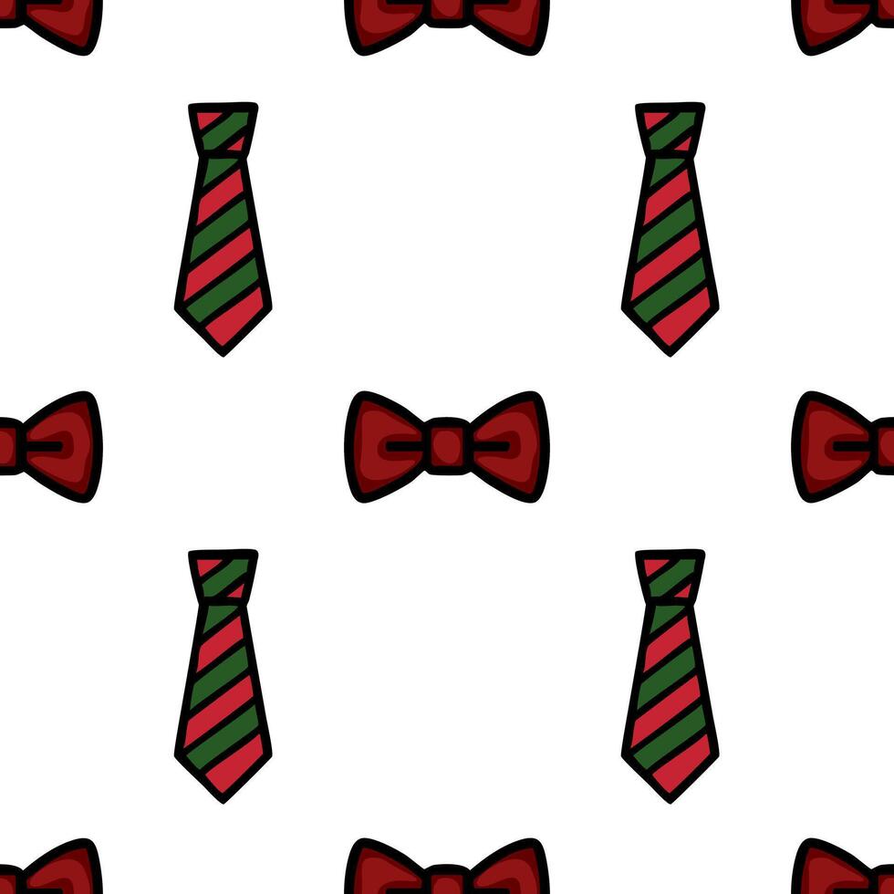 A festive pattern featuring red and green striped ties and bow ties on a white background, perfect for holiday-themed designs. vector
