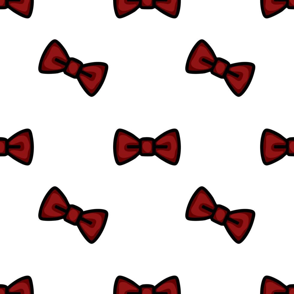 A seamless pattern featuring red bow ties on a white background. The bow ties are outlined in black, creating a playful and festive design. vector