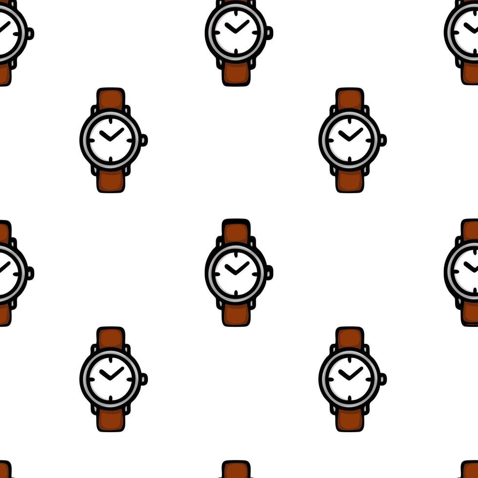 A seamless pattern featuring classic wristwatches with brown leather straps and white faces, arranged in a grid layout. Ideal for fashion or accessory designs. vector
