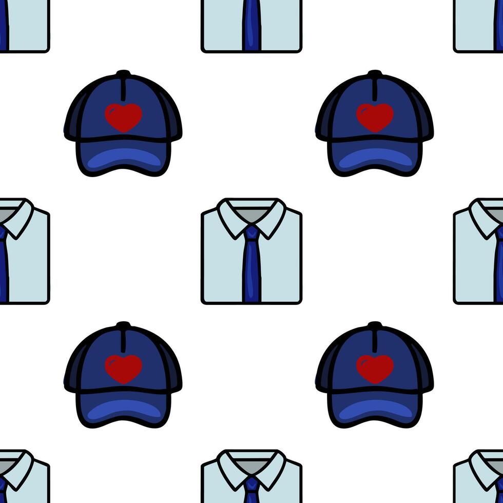 A repeating pattern featuring blue caps with a red heart and light blue shirts with ties. The design is playful and suitable for various textile applications. vector