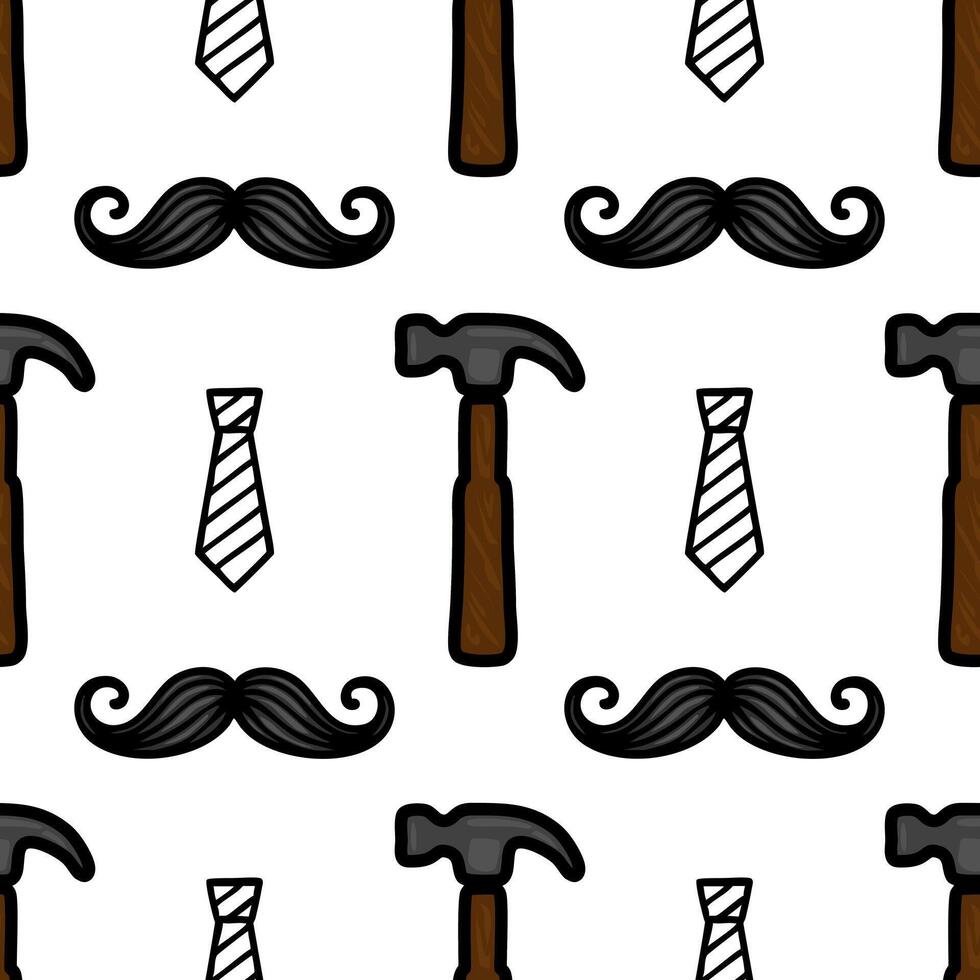 A playful pattern featuring cartoon-style illustrations of mustaches, hammers, and ties on a white background. The design is whimsical and suitable for various creative projects. vector