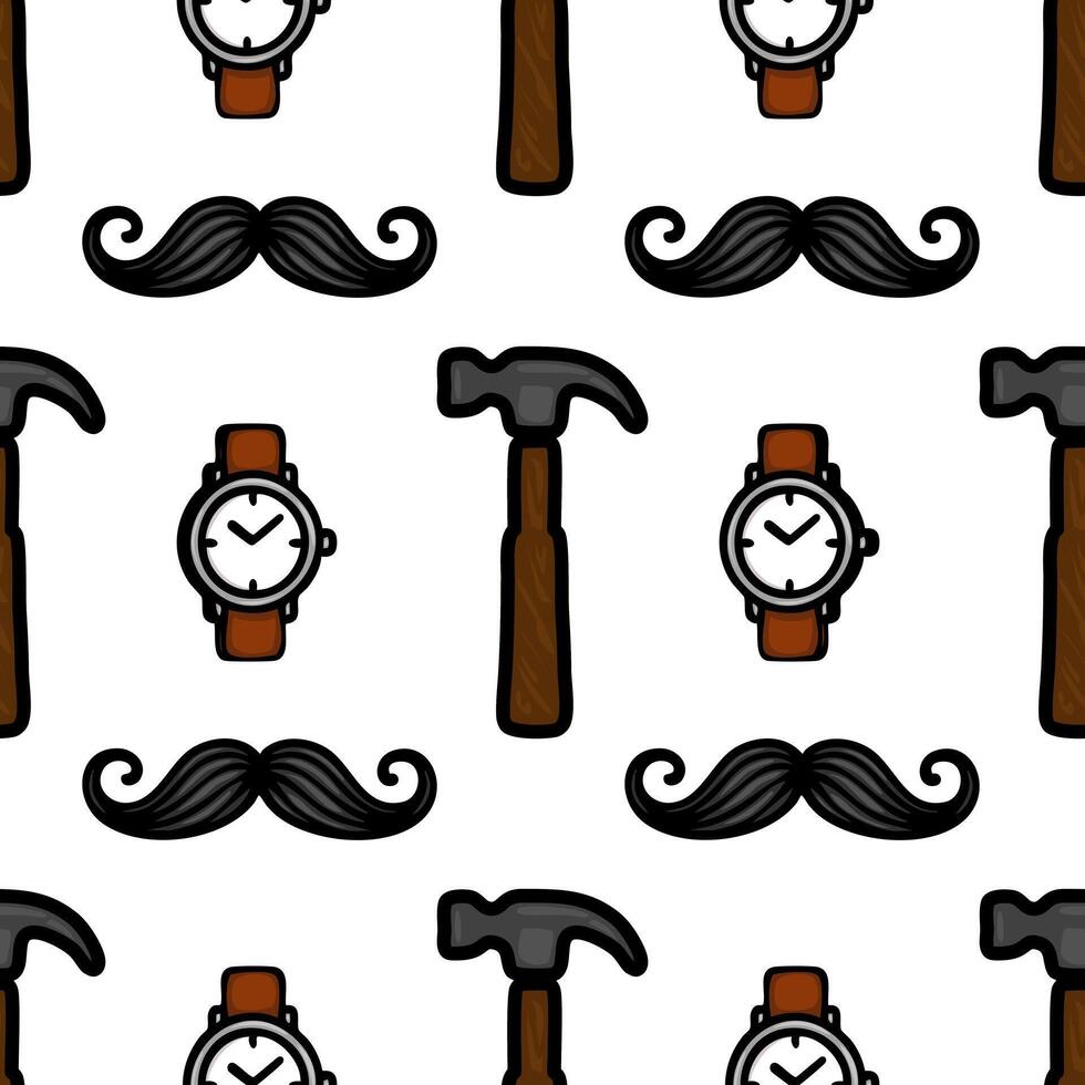 A playful pattern featuring watches, hammers, and mustaches, ideal for a quirky design or fabric print. vector