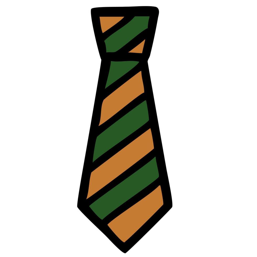 A cartoon-style illustration of a necktie featuring diagonal stripes in green and orange colors. The tie is outlined in black, giving it a bold appearance. vector