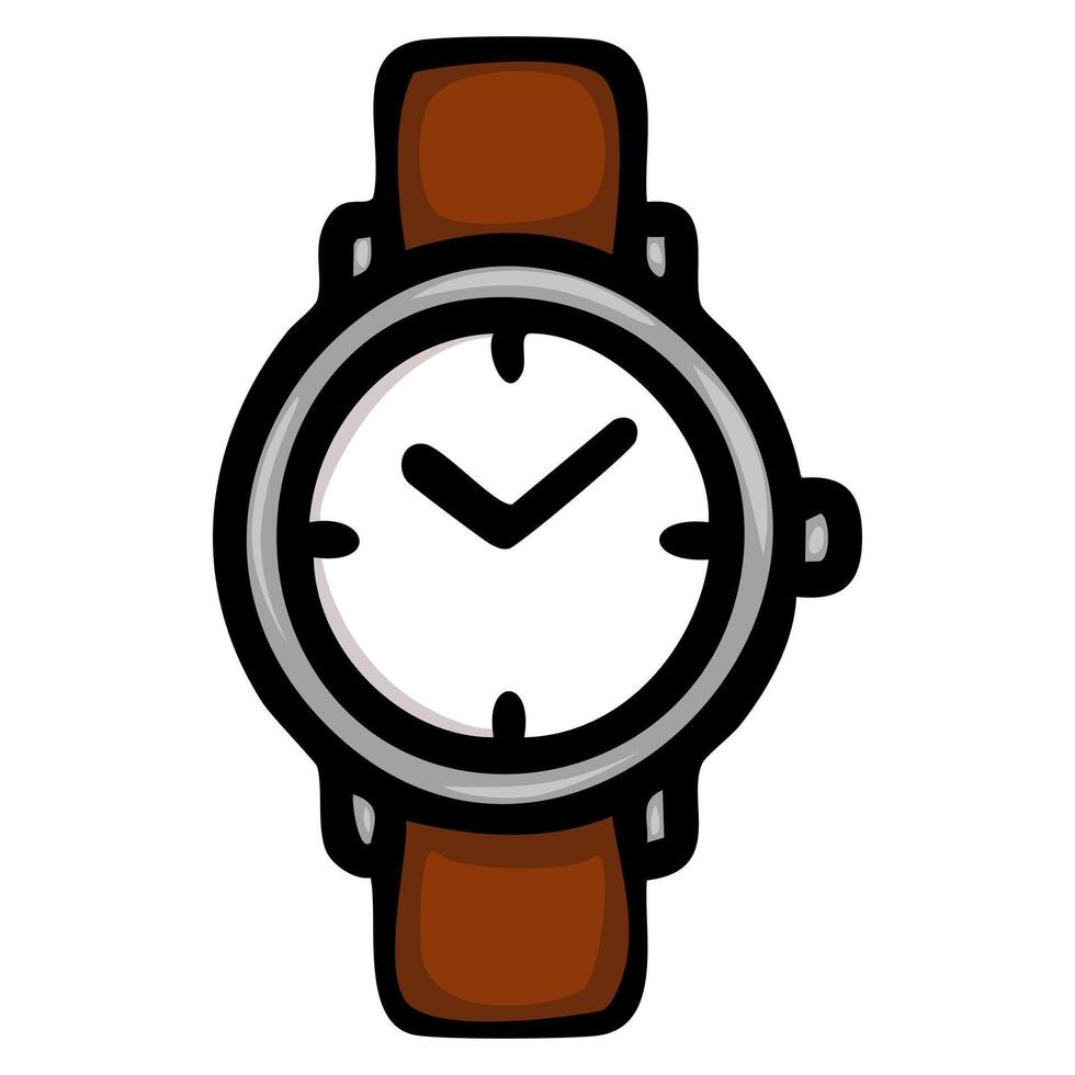 A simple, cartoon-style illustration of a wristwatch with a brown leather strap and a white face. The watch features black hour and minute hands, with a minimalist design. vector