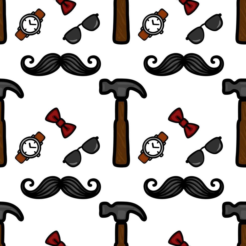 A playful pattern featuring various items like watches, sunglasses, mustaches, hammers, and bow ties, all arranged in a repeating design on a white background. vector