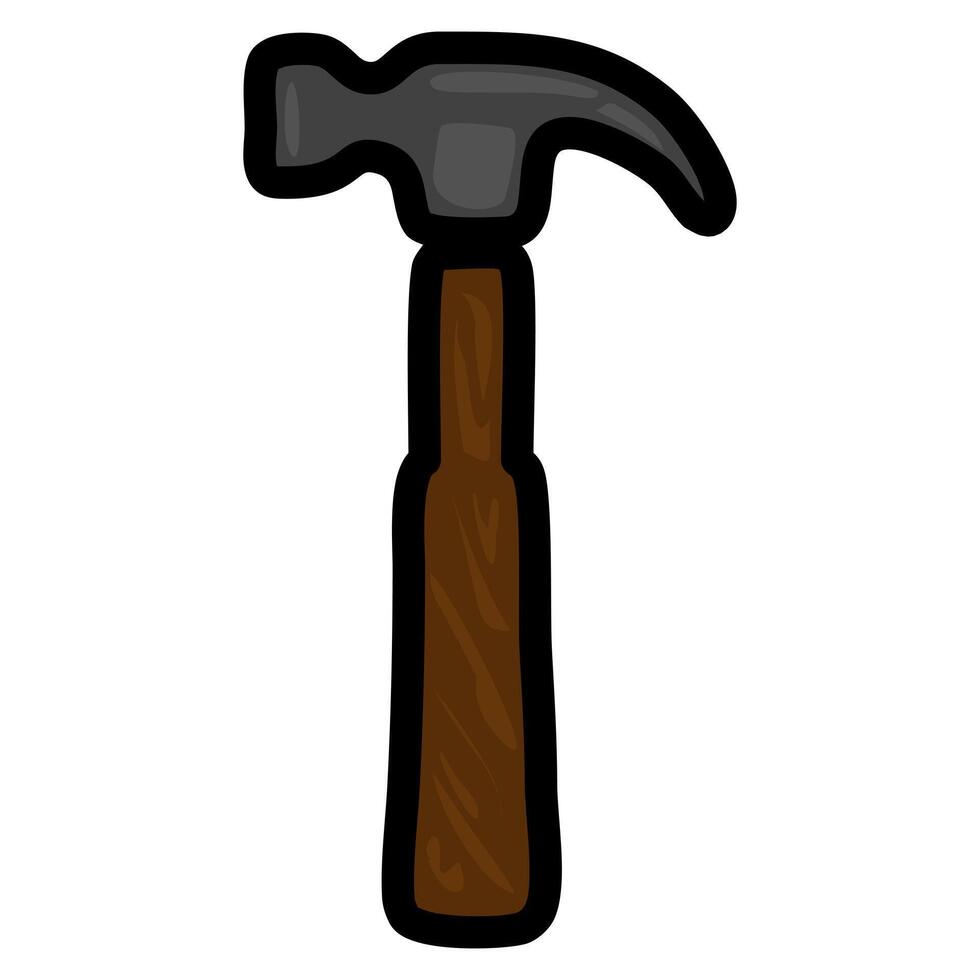 A cartoon-style illustration of a hammer with a black head and a brown wooden handle, emphasizing a playful and simplistic design. vector